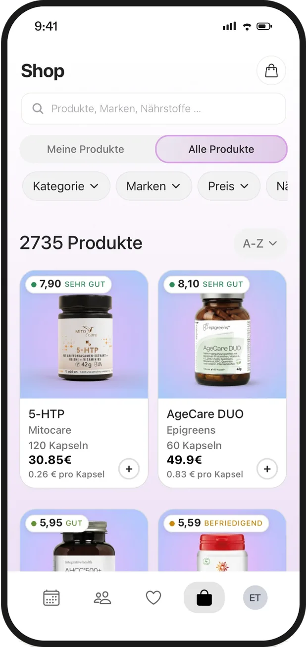 Supplement Bewertung im EVER Shop: Produkte mit EVER Score, Preis pro Kapsel und Herstellerangabe
