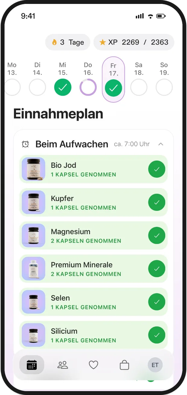 Supplement Einnahmeplan in der EVER App: die Einnahmen für Morgen, Abend und Nacht, einzeln abhakbar