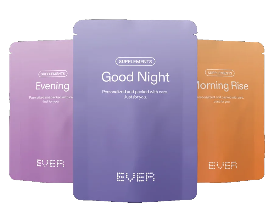 Drei EVER Packs Sachets für Morgen, Abend und Good Night nebeneinander