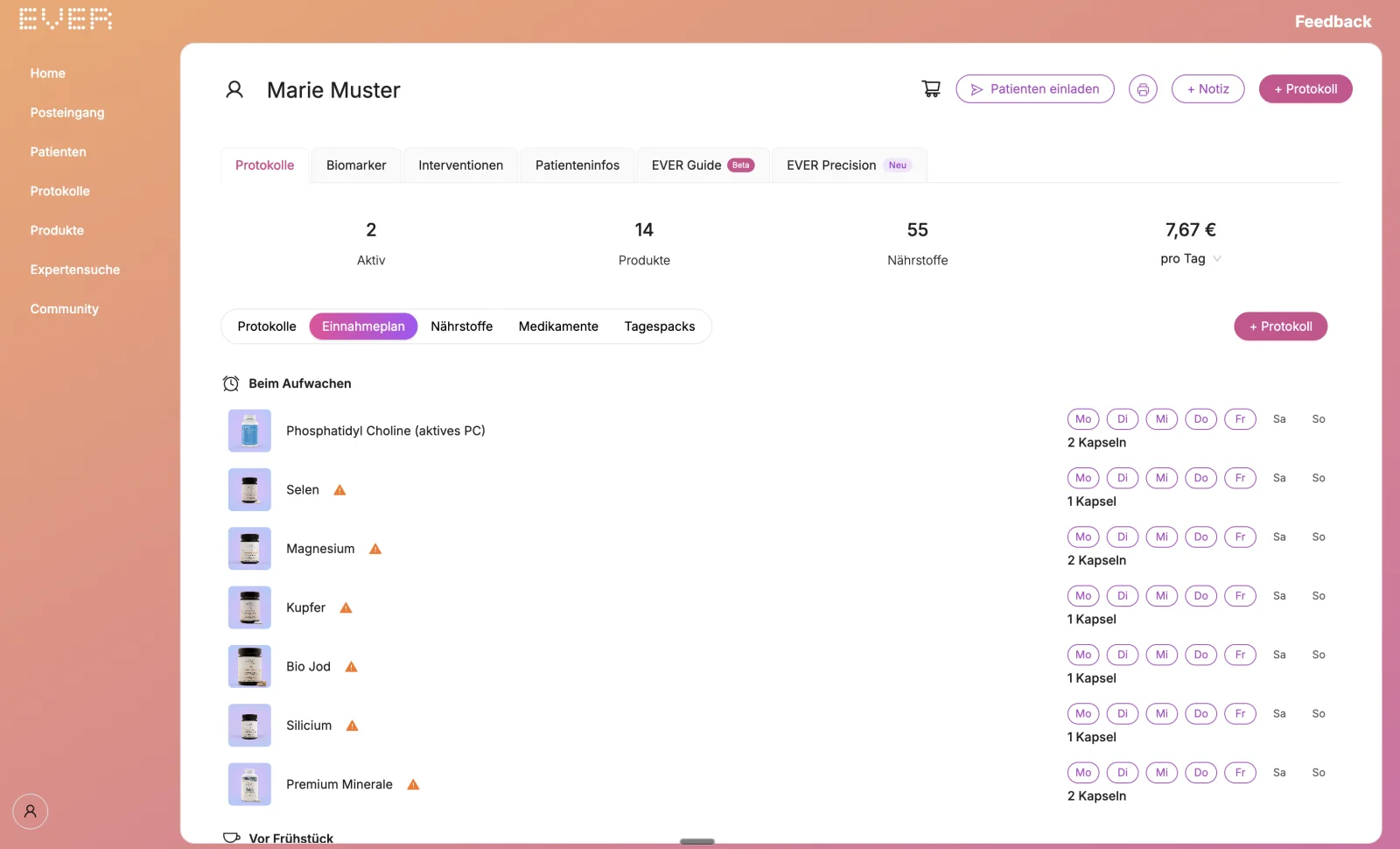 EVER App: Einnahmeplan mit Zeitpunkten und Dosierungen