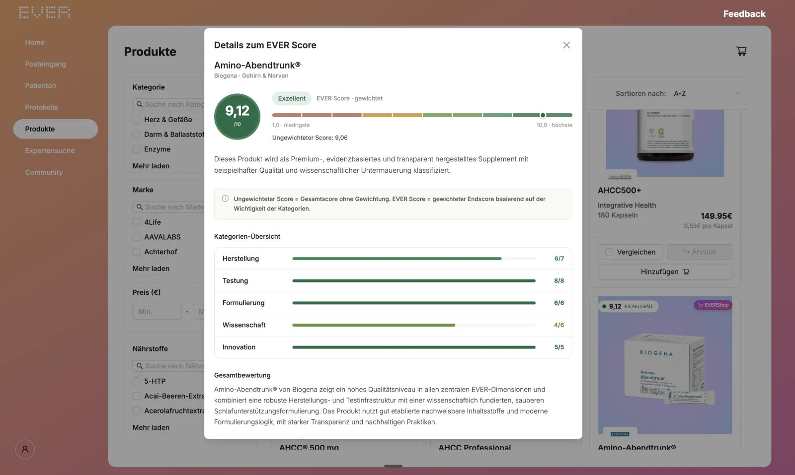 EVER Score: Produktbewertung mit Gesamtnote und den fünf Dimensionen im Detail