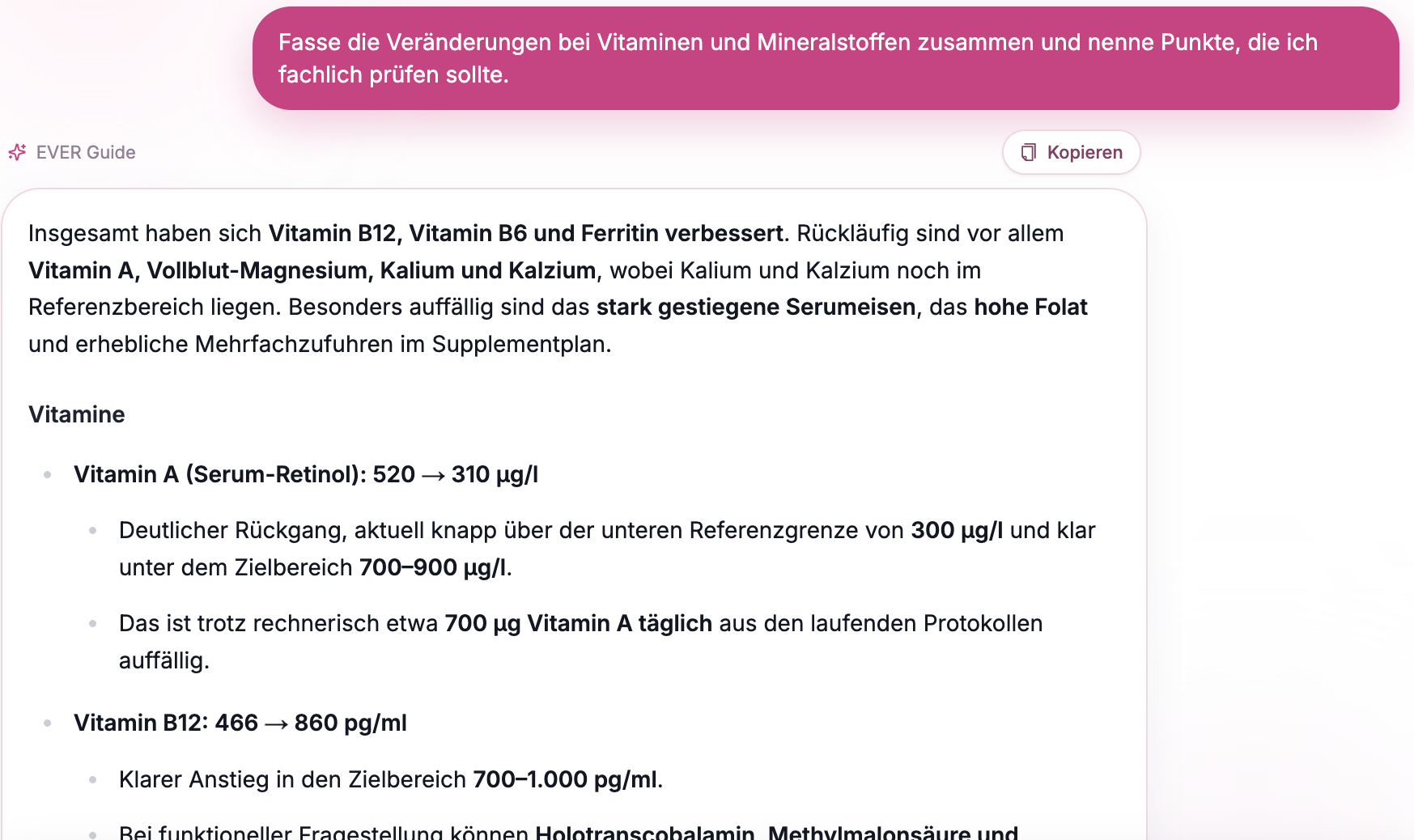 Question posée à EVER Guide et début de la réponse : synthèse, section vitamines, vitamine A passée de 520 à 310 µg/l