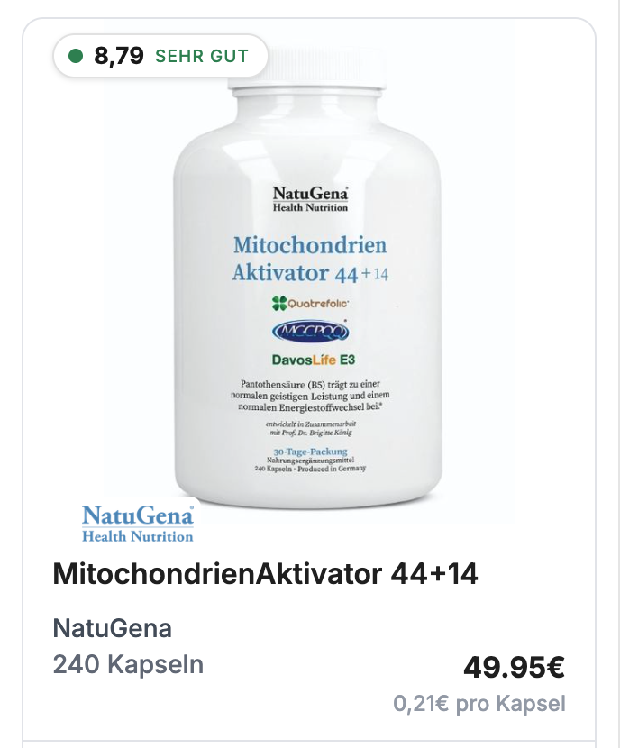 Fiche produit dans la base de données EVER : MitochondrienAktivator 44+14 de NatuGena, EVER Score 8,79, très bien, 240 gélules, 49,95 euros