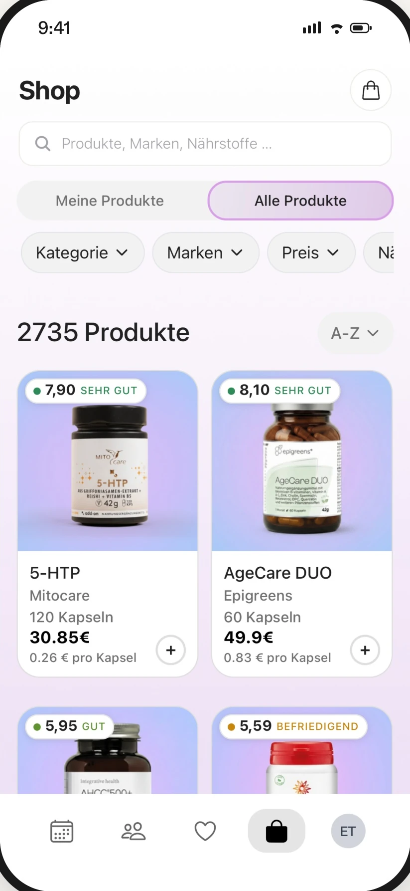 EVER App auf dem Smartphone: Nährstoffe und EVER Packs zur Bestellung