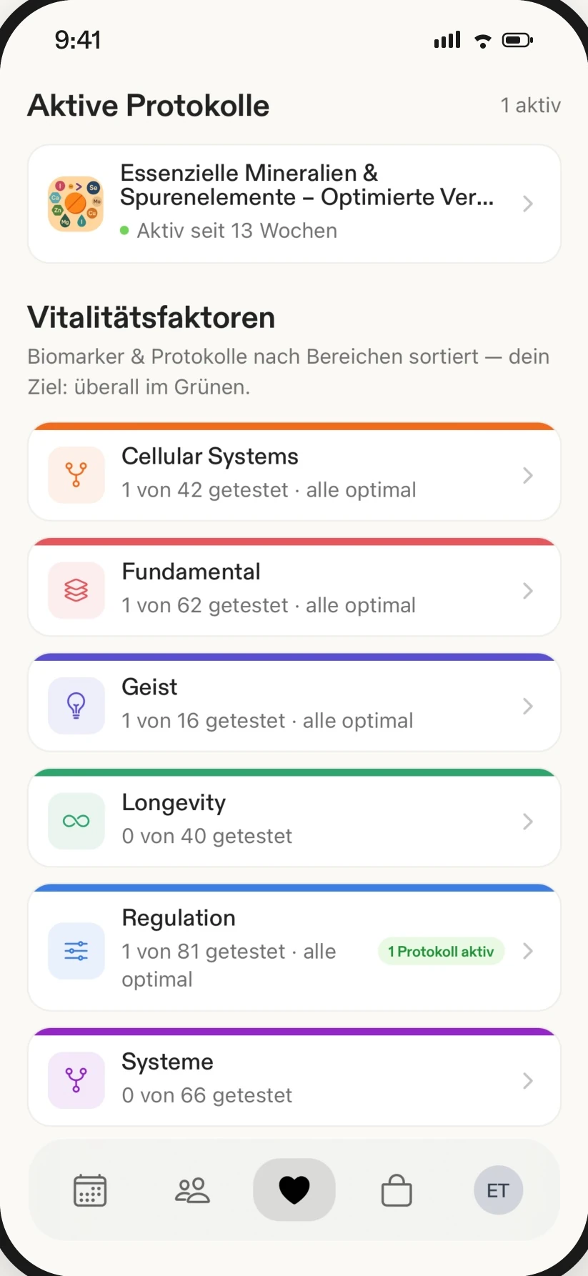 EVER App auf dem Smartphone: Vitalitätsübersicht mit Laborwerten und Verlaufskurven