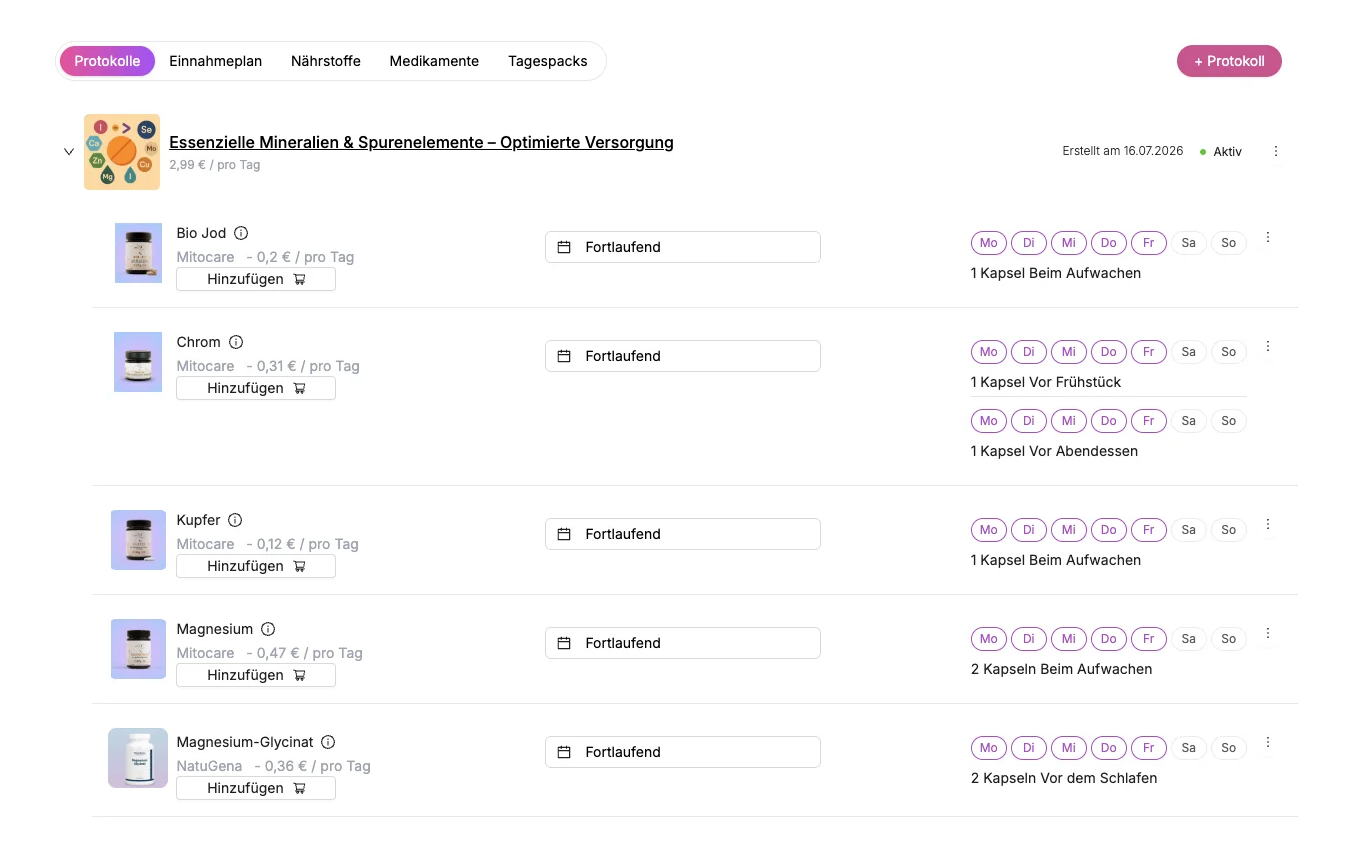 Nährstoffplan im EVER Workspace mit fünf Produkten, darunter zwei magnesiumhaltige Präparate verschiedener Hersteller, jeweils mit Portion, Einnahmezeitpunkt und Wochentagen, fiktive Demo-Daten