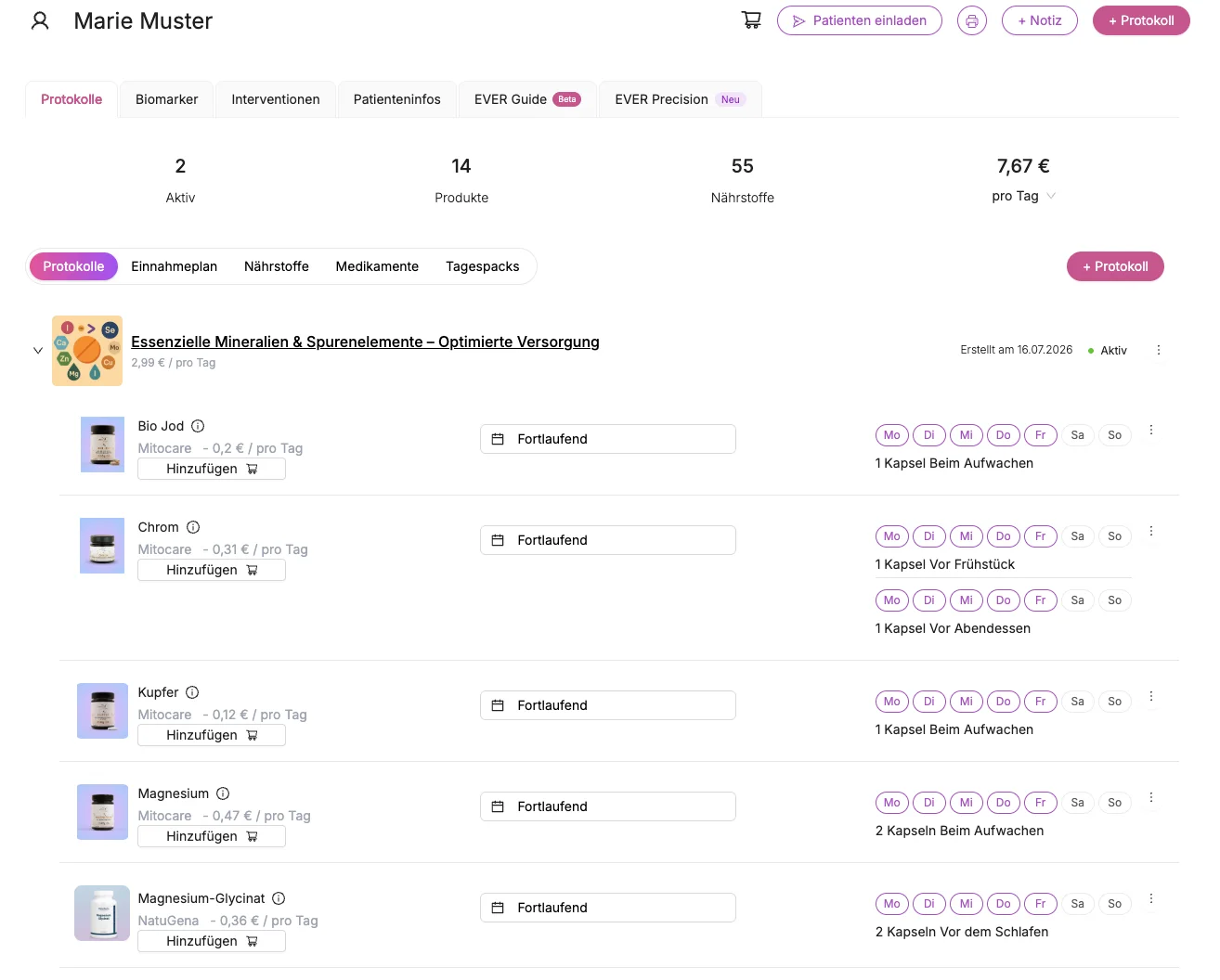 EVER Workspace: Nährstoffplan mit ausgewählten Produkten und Einnahmeplan
