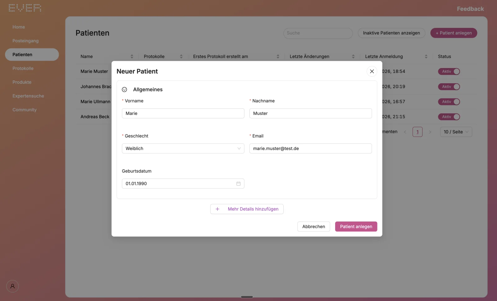 EVER Workspace: Dialog „Neuer Patient“ mit Feldern für Vorname, Nachname, Geschlecht, E-Mail und Geburtsdatum, dahinter die Patientenliste