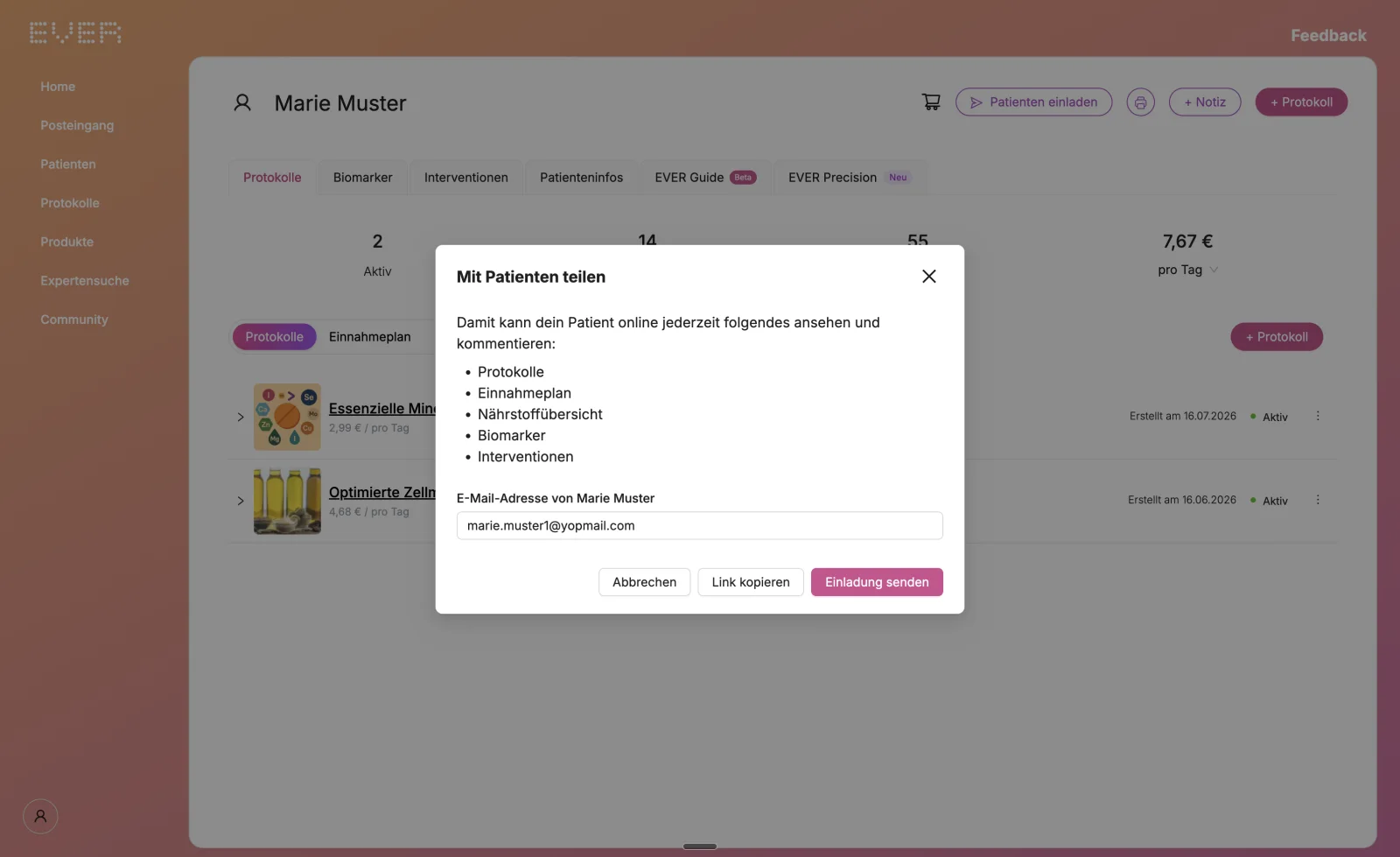 EVER Workspace: Dialog „Mit Patienten teilen“ mit der Liste dessen, was freigegeben wird — Protokolle, Einnahmeplan, Nährstoffübersicht, Biomarker, Interventionen