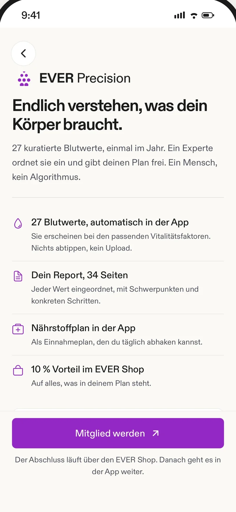EVER Precision in the app: curated blood values, report and nutrient plan