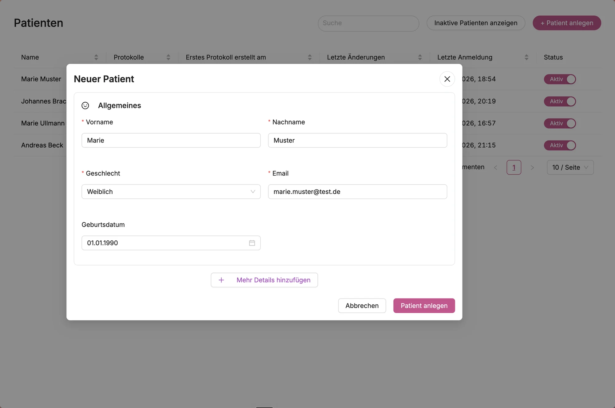 EVER Workspace: Formular zum Anlegen einer neuen Klientin mit Einladung per E-Mail