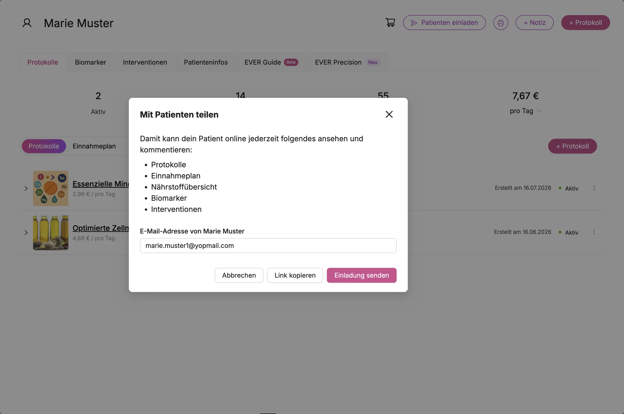 EVER Workspace: ein freigegebener Nährstoffplan wird mit der Klientin geteilt